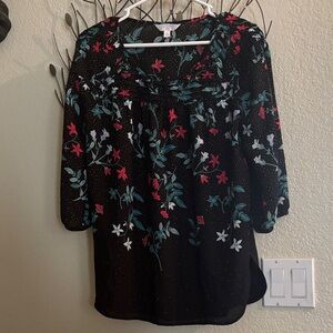 Lion  Conrad Black Blouse with Red and Green Floral Pattern